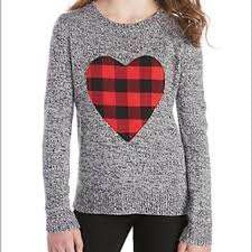 Pink Republic - Girls Gray‎ Knit Sweater Red Buffalo Plaid Heart - Size L